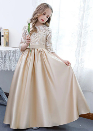 Champagne Lace Satin Chic Flower Girl Dress Champagne Lace Satin Chic Flower Girl Dress